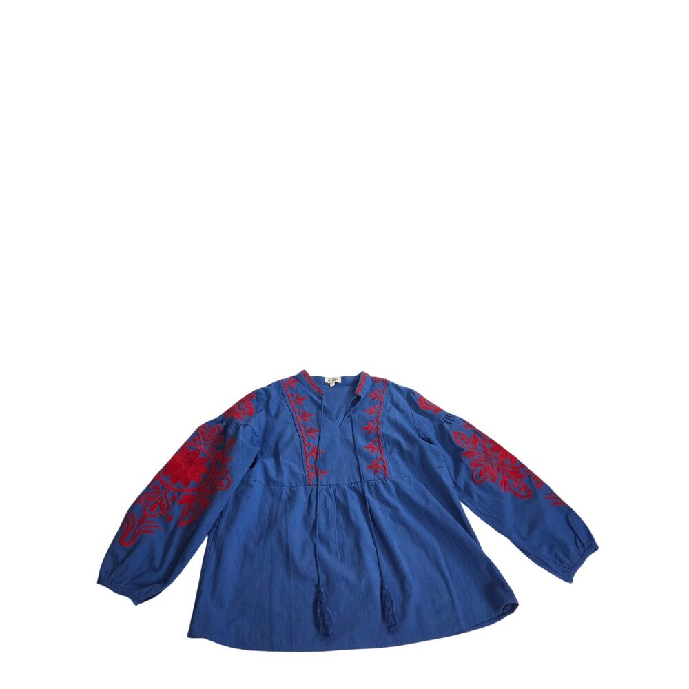 Velzera Womens Blue and Red Embroidered Floral Tunic Medium Long Sleeve